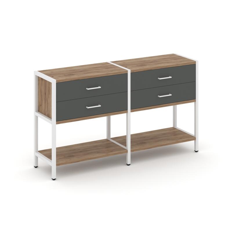 Shelf System Двухсекционный стеллаж двухярусный с ящиками SN.STM-222 Дуб Табак/Антрацит/Металл Белый