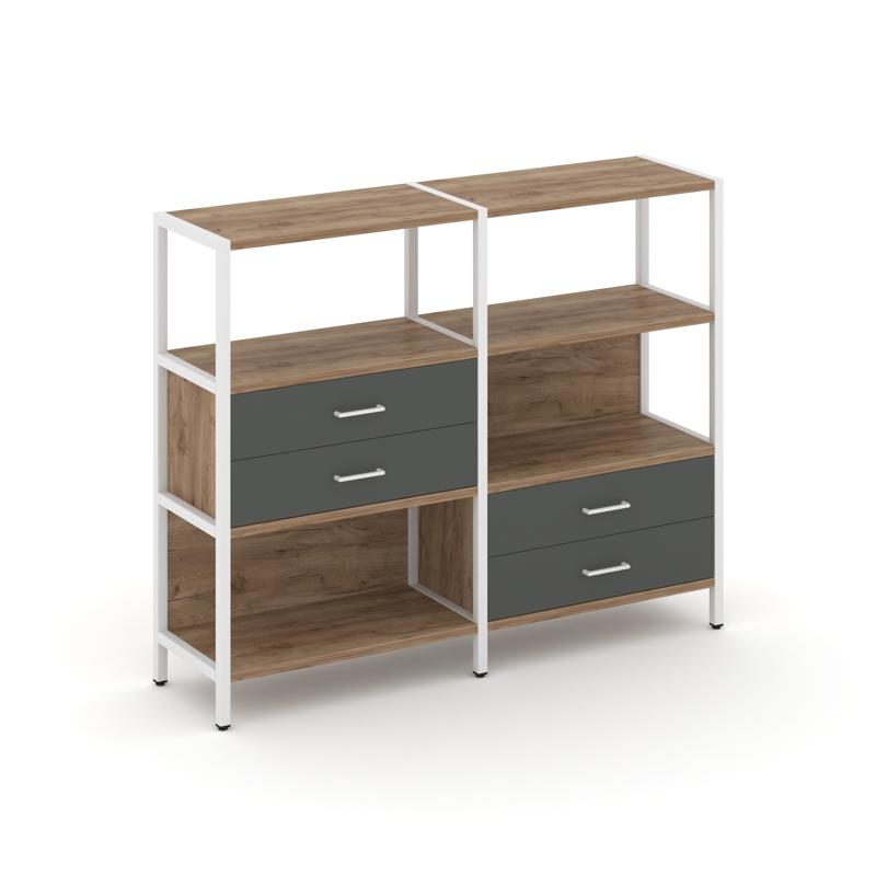 Shelf System Двухсекционный стеллаж трехярусный с ящиками SN.STM-323 Дуб Табак/Антрацит/Металл Белый