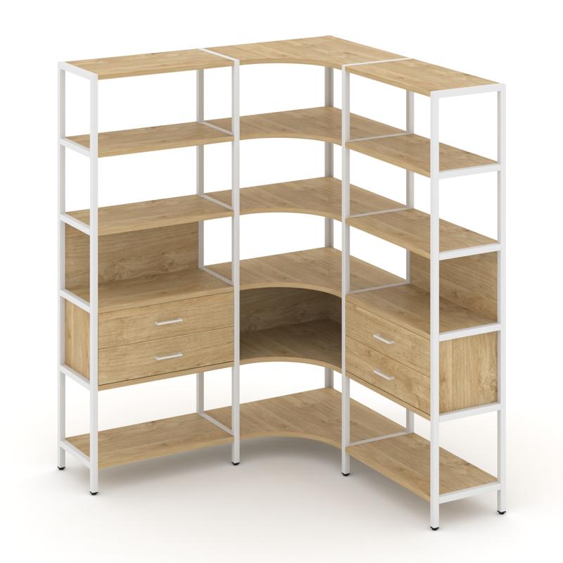 Shelf System Трехсекционный угловой стеллаж пятиярусный с ящиками SN.STMU-531 Тиквуд Светлый/Металл