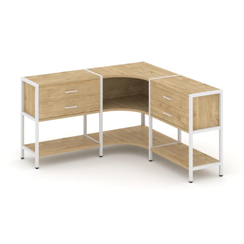 Shelf System Трехсекционный угловой стеллаж двухярусный с ящиками SN.STMU-231 Тиквуд Светлый/Металл