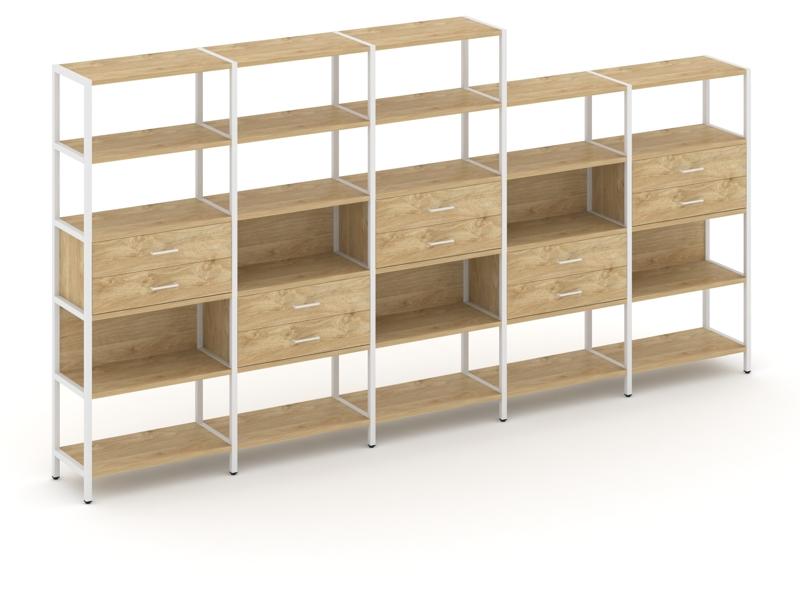 Shelf System Пятисекционный стеллаж пятиярусный с ящиками SN.STM-551 Тиквуд Светлый/Металл Белый 393