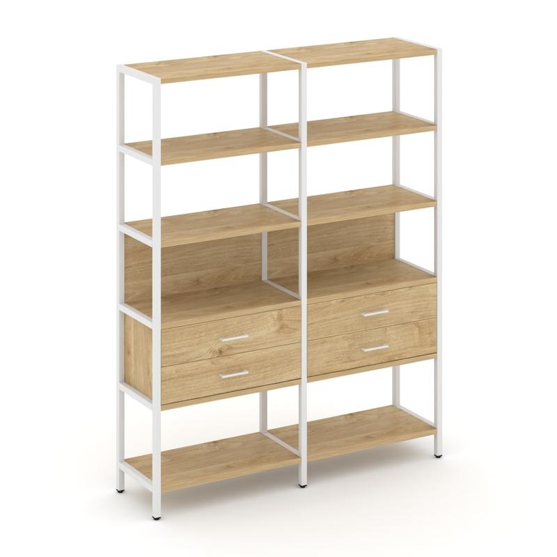 Shelf System Двухсекционный стеллаж пятиярусный с ящиками SN.STM-522 Тиквуд Светлый/Металл Белый 159