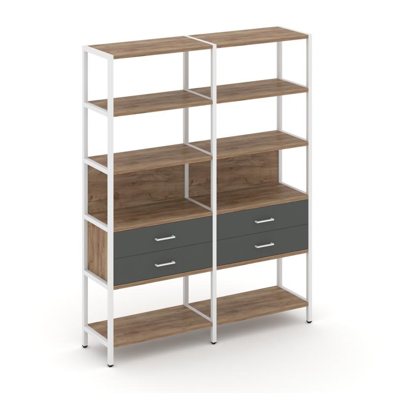 Shelf System Двухсекционный стеллаж пятиярусный с ящиками SN.STM-522 Дуб Табак/Антрацит/Металл Белый