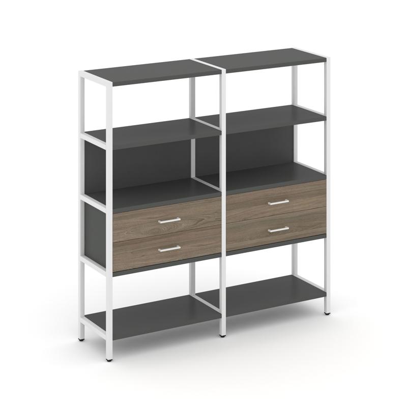 Shelf System Двухсекционный стеллаж четырехярусный с ящиками SN.STM-422 Антрацит/Вяз Благородный/Мет