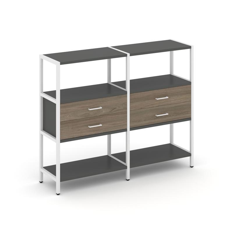 Shelf System Двухсекционный стеллаж трехярусный с ящиками SN.STM-322 Антрацит/Вяз Благородный/Металл