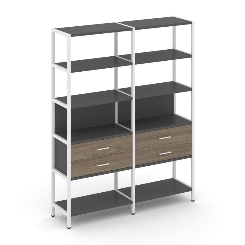 Shelf System Двухсекционный стеллаж пятиярусный с ящиками SN.STM-522 Антрацит/Вяз Благородный/Металл