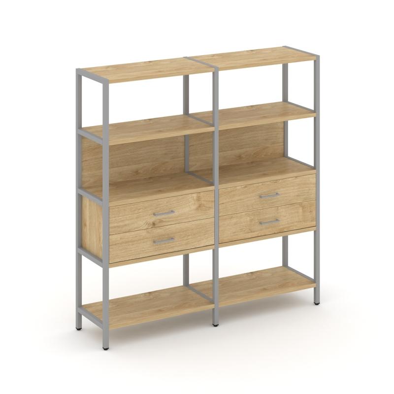 Shelf System Двухсекционный стеллаж четырехярусный с ящиками SN.STM-422 Тиквуд Светлый/Металл Серый