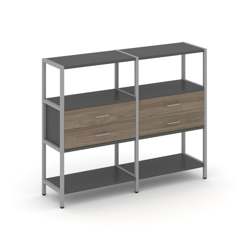 Shelf System Двухсекционный стеллаж трехярусный с ящиками SN.STM-322 Антрацит/Вяз Благородный/Металл