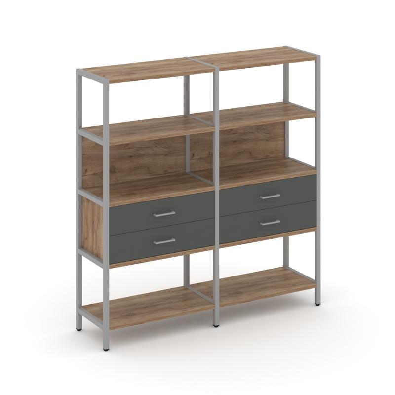 Shelf System Двухсекционный стеллаж четырехярусный с ящиками SN.STM-422 Дуб Табак/Антрацит/Металл Се