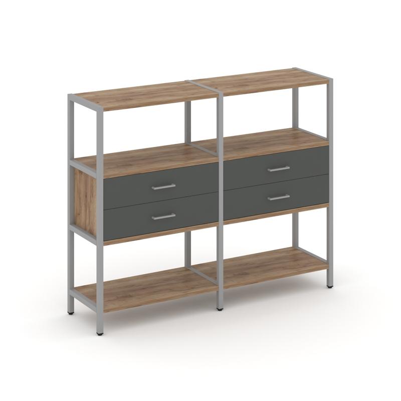 Shelf System Двухсекционный стеллаж трехярусный с ящиками SN.STM-322 Дуб Табак/Антрацит/Металл Серый