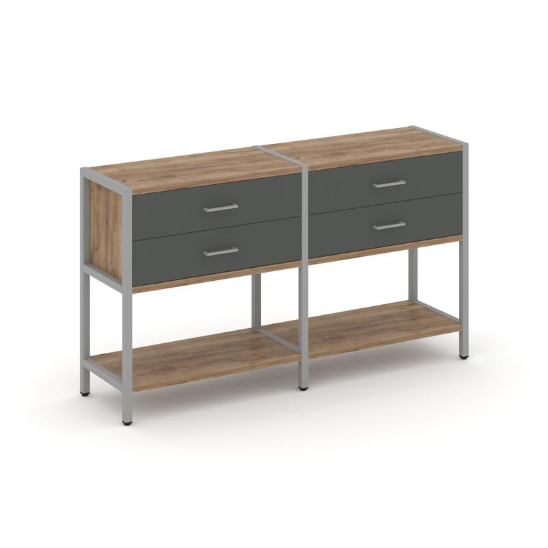 Shelf System Двухсекционный стеллаж двухярусный с ящиками SN.STM-222 Дуб Табак/Антрацит/Металл Серый