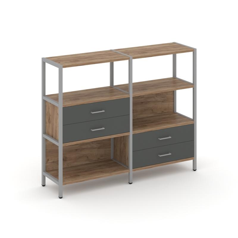 Shelf System Двухсекционный стеллаж трехярусный с ящиками SN.STM-323 Дуб Табак/Антрацит/Металл Серый