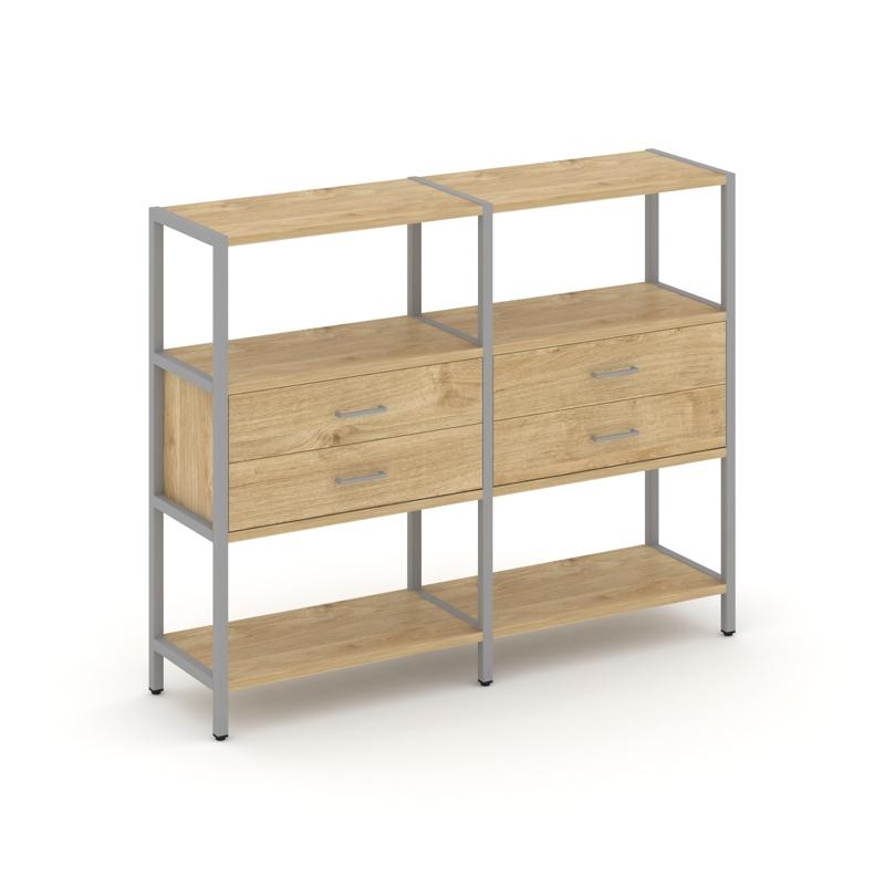 Shelf System Двухсекционный стеллаж трехярусный с ящиками SN.STM-322 Тиквуд Светлый/Металл Серый 159