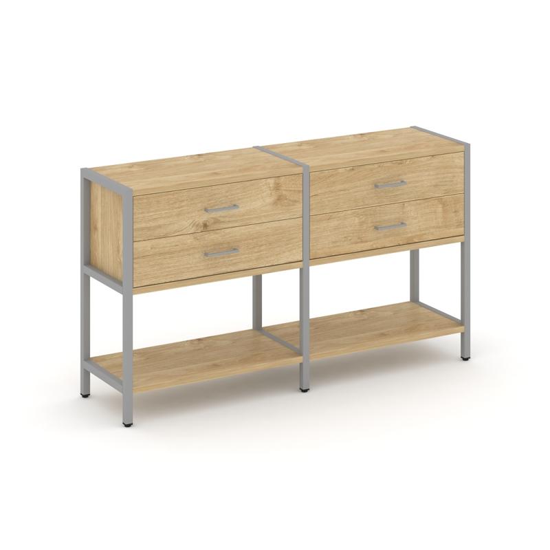 Shelf System Двухсекционный стеллаж двухярусный с ящиками SN.STM-222 Тиквуд Светлый/Металл Серый 159