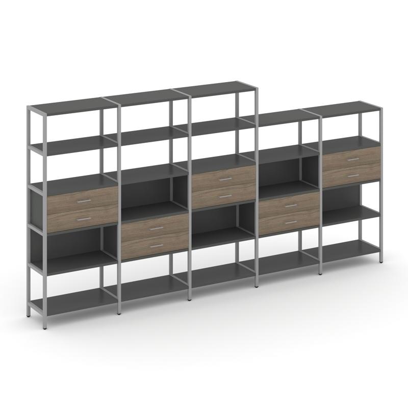 Shelf System Пятисекционный стеллаж пятиярусный с ящиками SN.STM-551 Антрацит/Вяз Благородный/Металл