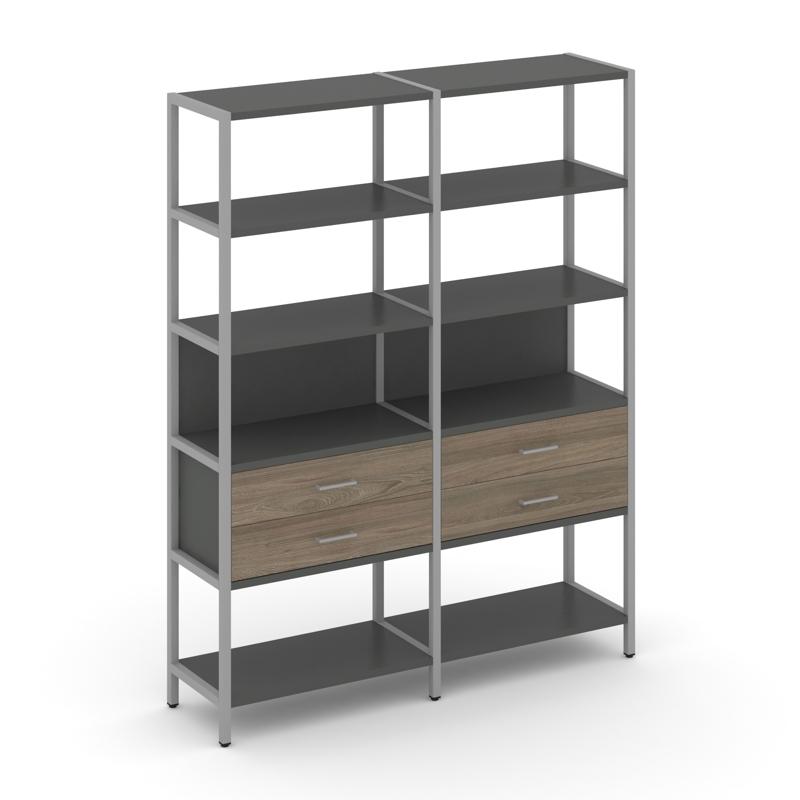 Shelf System Двухсекционный стеллаж пятиярусный с ящиками SN.STM-522 Антрацит/Вяз Благородный/Металл