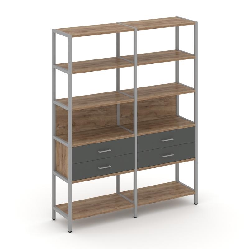 Shelf System Двухсекционный стеллаж пятиярусный с ящиками SN.STM-522 Дуб Табак/Антрацит/Металл Серый