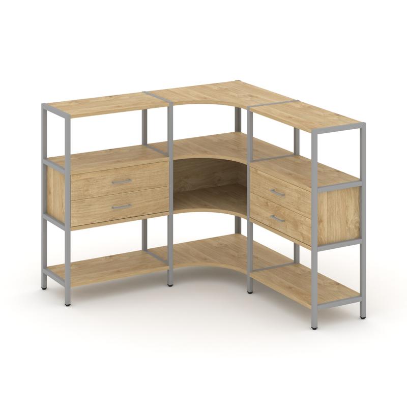 Shelf System Трехсекционный угловой стеллаж трехярусный с ящиками SN.STMU-331 Тиквуд Светлый/Металл