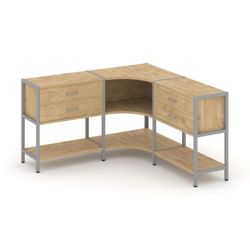 Shelf System Трехсекционный угловой стеллаж двухярусный с ящиками SN.STMU-231 Тиквуд Светлый/Металл