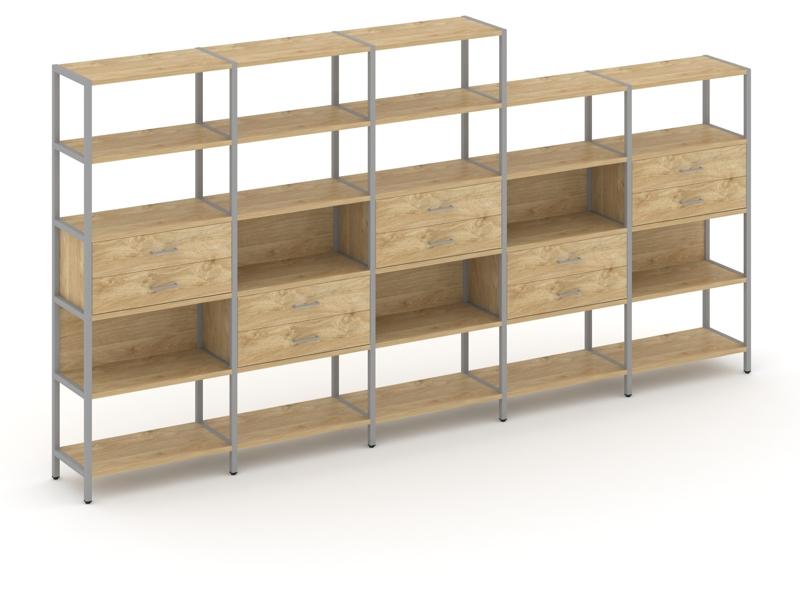 Shelf System Пятисекционный стеллаж пятиярусный с ящиками SN.STM-551 Тиквуд Светлый/Металл Серый 393