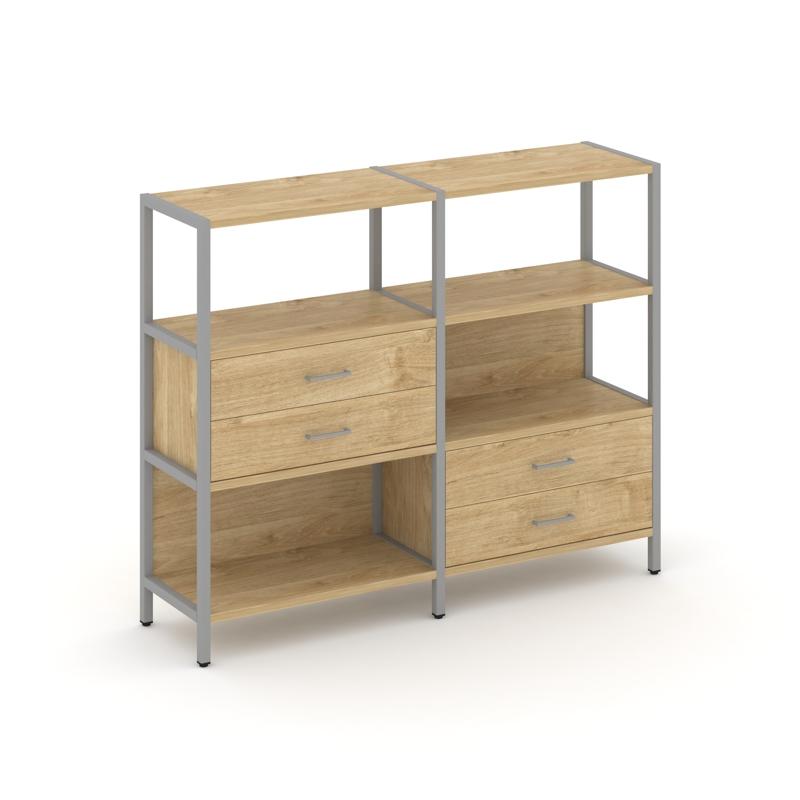 Shelf System Двухсекционный стеллаж трехярусный с ящиками SN.STM-323 Тиквуд Светлый/Металл Серый 159