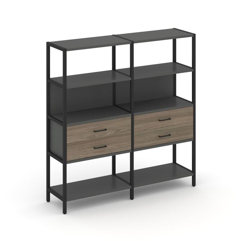 Shelf System Двухсекционный стеллаж четырехярусный с ящиками SN.STM-422 Антрацит/Вяз Благородный/Мет