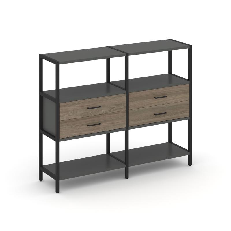 Shelf System Двухсекционный стеллаж трехярусный с ящиками SN.STM-322 Антрацит/Вяз Благородный/Металл