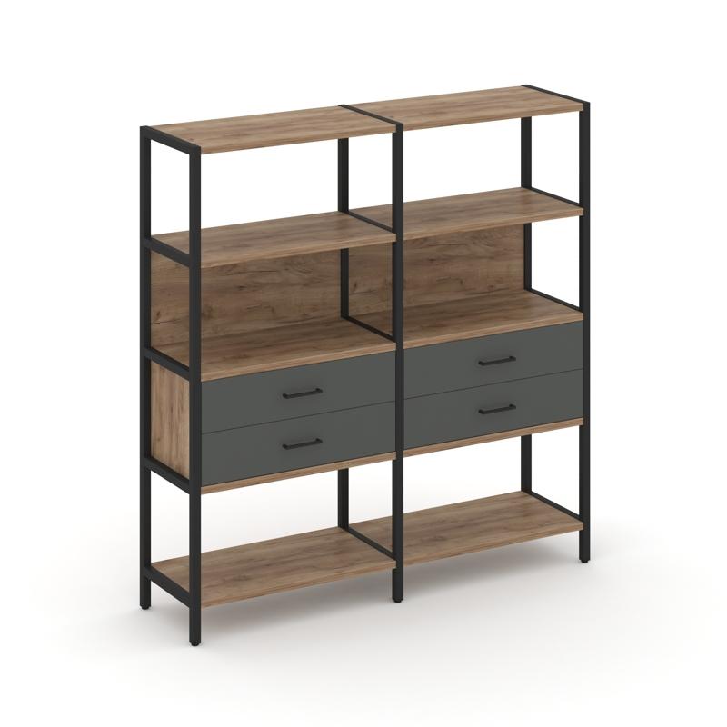 Shelf System Двухсекционный стеллаж четырехярусный с ящиками SN.STM-422 Дуб Табак/Антрацит/Металл Че