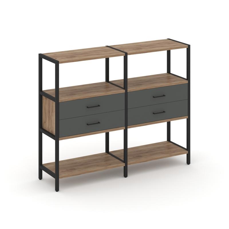 Shelf System Двухсекционный стеллаж трехярусный с ящиками SN.STM-322 Дуб Табак/Антрацит/Металл Черны