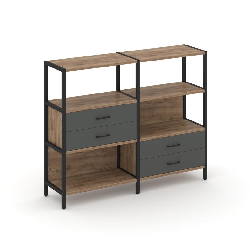 Shelf System Двухсекционный стеллаж трехярусный с ящиками SN.STM-323 Дуб Табак/Антрацит/Металл Черны