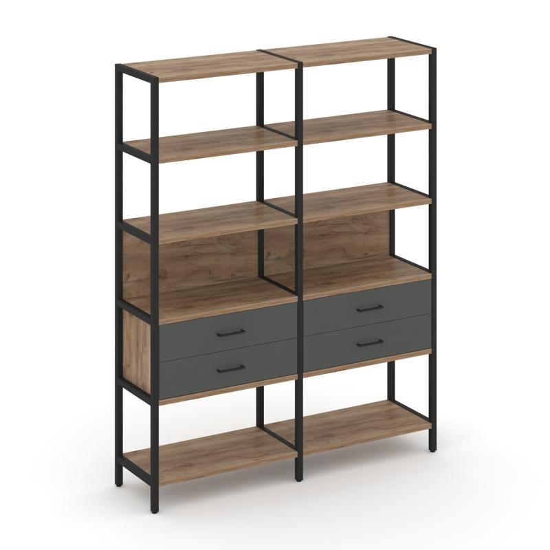 Shelf System Двухсекционный стеллаж пятиярусный с ящиками SN.STM-522 Дуб Табак/Антрацит/Металл Черны