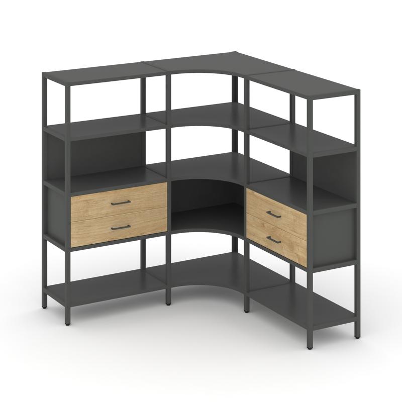 Shelf System Трехсекционный угловой стеллаж четырехярусный с ящиками SN.STMU-431 Антрацит/Тиквуд Све