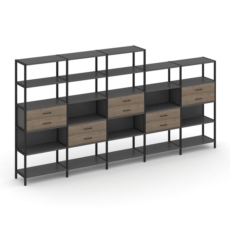 Shelf System Пятисекционный стеллаж пятиярусный с ящиками SN.STM-551 Антрацит/Вяз Благородный/Металл