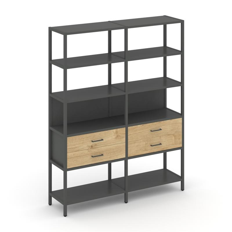 Shelf System Двухсекционный стеллаж пятиярусный с ящиками SN.STM-522 Антрацит/Тиквуд Светлый/Металл