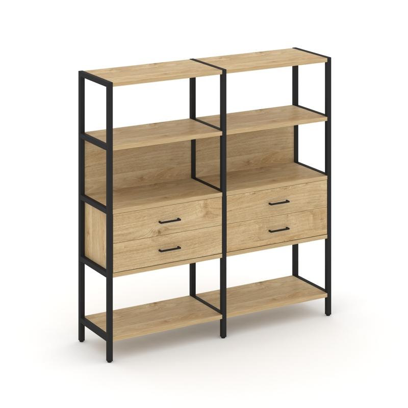 Shelf System Двухсекционный стеллаж четырехярусный с ящиками SN.STM-422 Тиквуд Светлый/Металл Черный