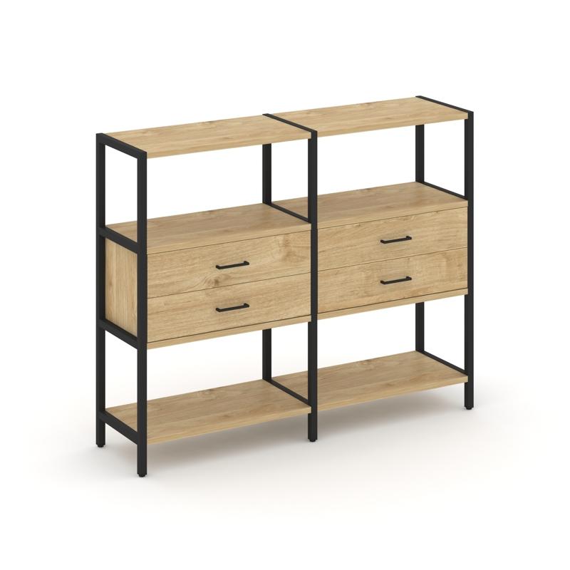 Shelf System Двухсекционный стеллаж трехярусный с ящиками SN.STM-322 Тиквуд Светлый/Металл Черный 15