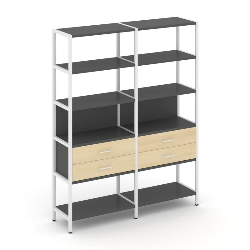 Shelf System Двухсекционный стеллаж пятиярусный с ящиками SN.STM-522 Антрацит/Акация Лорка/Металл Бе