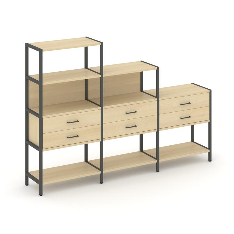 Shelf System Трехсекционный стеллаж четырех/трех/двухярусный с ящиками SN.STM-431 Акация Лорка/Метал