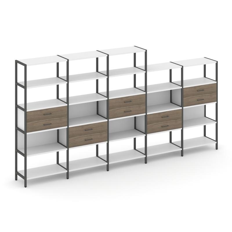 Shelf System Пятисекционный стеллаж пятиярусный с ящиками SN.STM-551 Белый/Вяз Благородный/Металл Ан