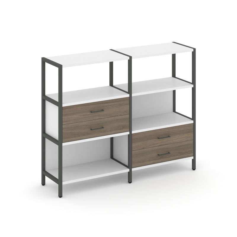 Shelf System Двухсекционный стеллаж трехярусный с ящиками SN.STM-323 Белый/Вяз Благородный/Металл Ан