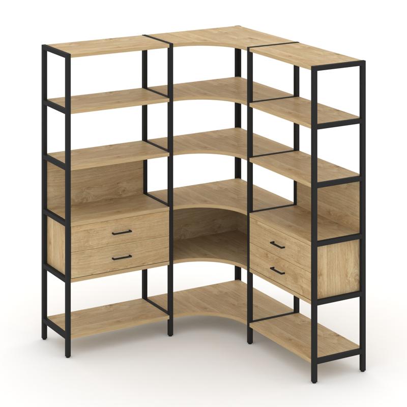 Shelf System Трехсекционный угловой стеллаж пятиярусный с ящиками SN.STMU-531 Тиквуд Светлый/Металл