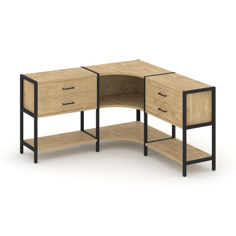 Shelf System Трехсекционный угловой стеллаж двухярусный с ящиками SN.STMU-231 Тиквуд Светлый/Металл