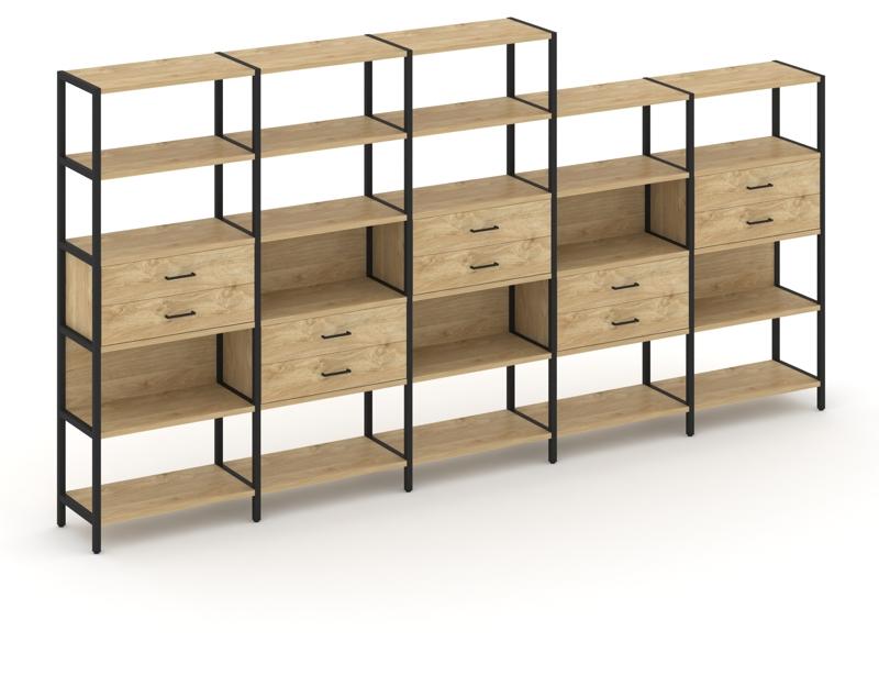 Shelf System Пятисекционный стеллаж пятиярусный с ящиками SN.STM-551 Тиквуд Светлый/Металл Черный 39