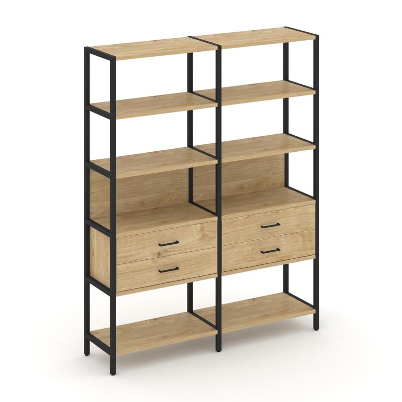 Shelf System Двухсекционный стеллаж пятиярусный с ящиками SN.STM-522 Тиквуд Светлый/Металл Черный 15