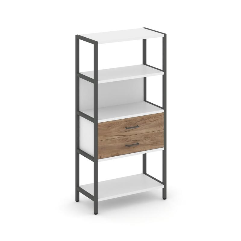 Shelf System Односекционный стеллаж четырехярусный с ящиками SN.STM-412 Белый/Дуб Табак/Металл Антра