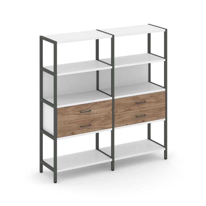 Shelf System Двухсекционный стеллаж четырехярусный с ящиками SN.STM-422 Белый/Дуб Табак/Металл Антра