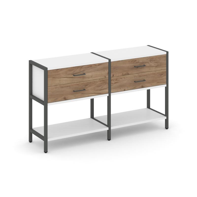 Shelf System Двухсекционный стеллаж двухярусный с ящиками SN.STM-222 Белый/Дуб Табак/Металл Антрацит