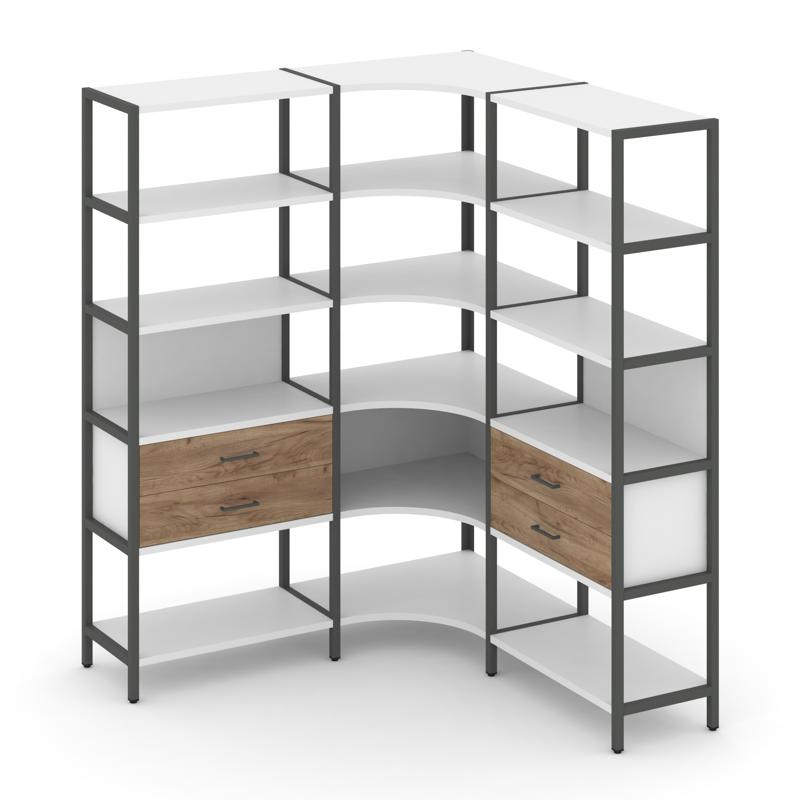 Shelf System Трехсекционный угловой стеллаж пятиярусный с ящиками SN.STMU-531 Белый/Дуб Табак/Металл