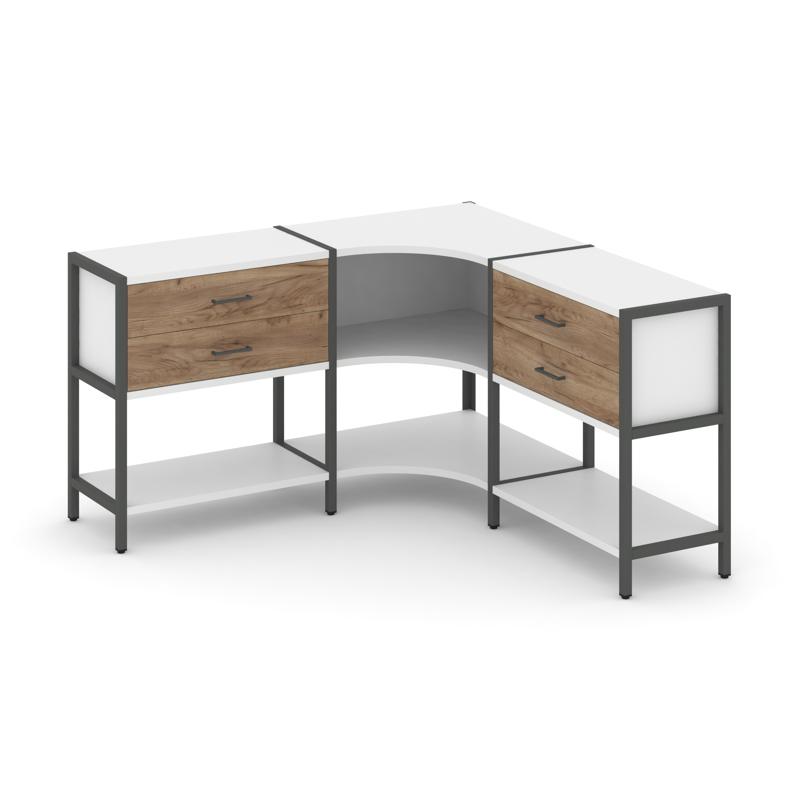 Shelf System Трехсекционный угловой стеллаж двухярусный с ящиками SN.STMU-231 Белый/Дуб Табак/Металл