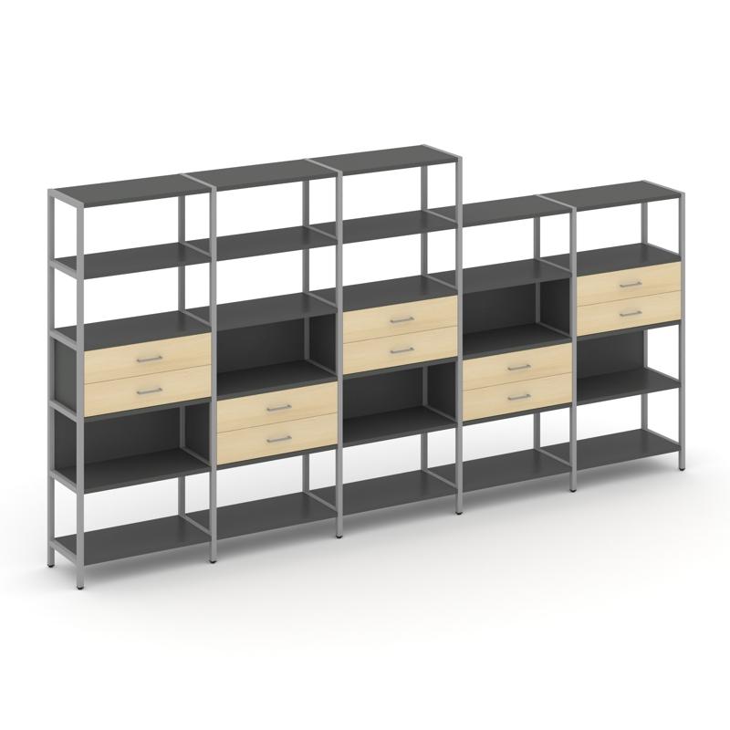 Shelf System Пятисекционный стеллаж пятиярусный с ящиками SN.STM-551 Антрацит/Акация Лорка/Металл Се
